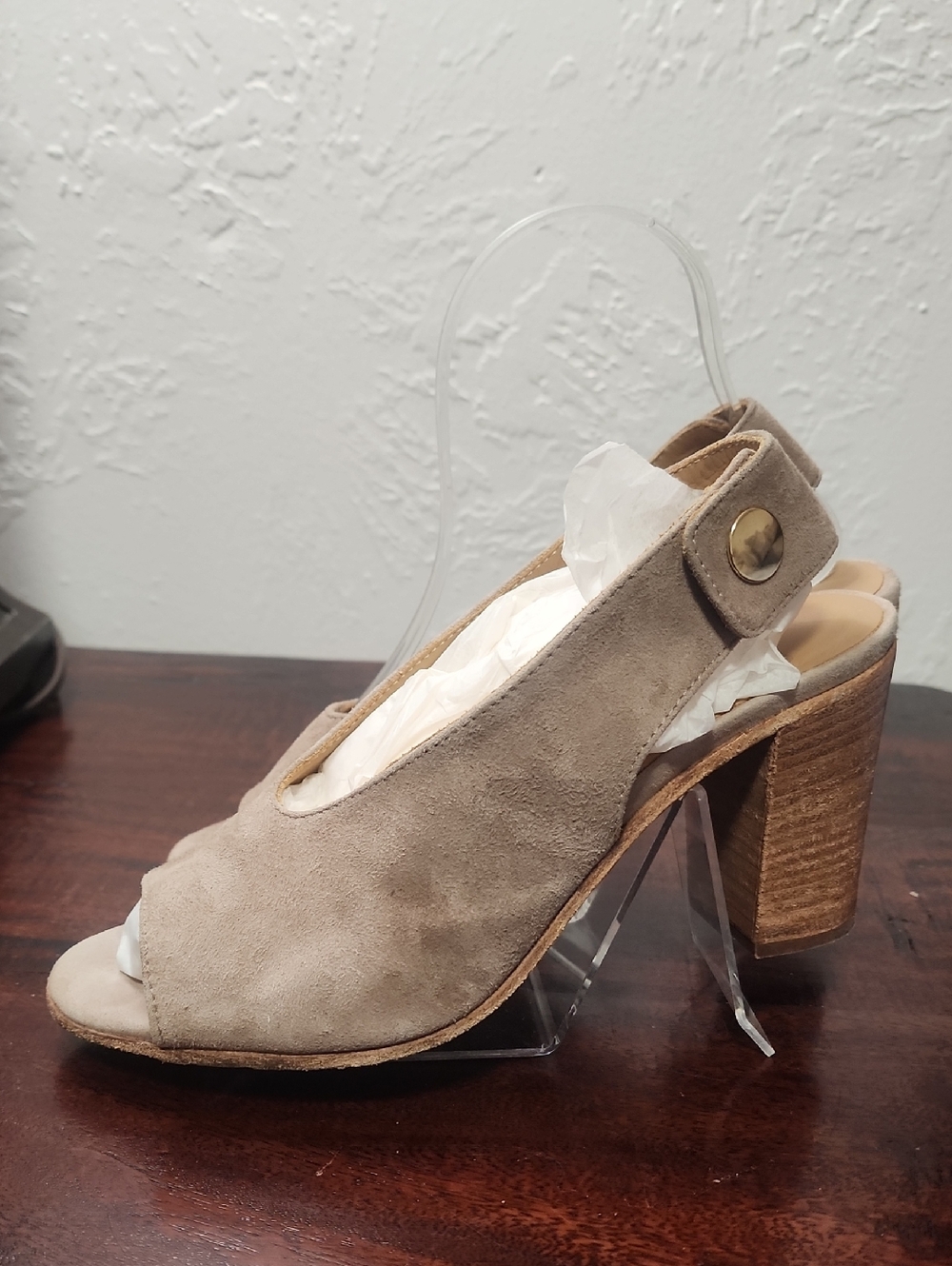 Suede Open-Toe Slingback Block Heel in Taupe